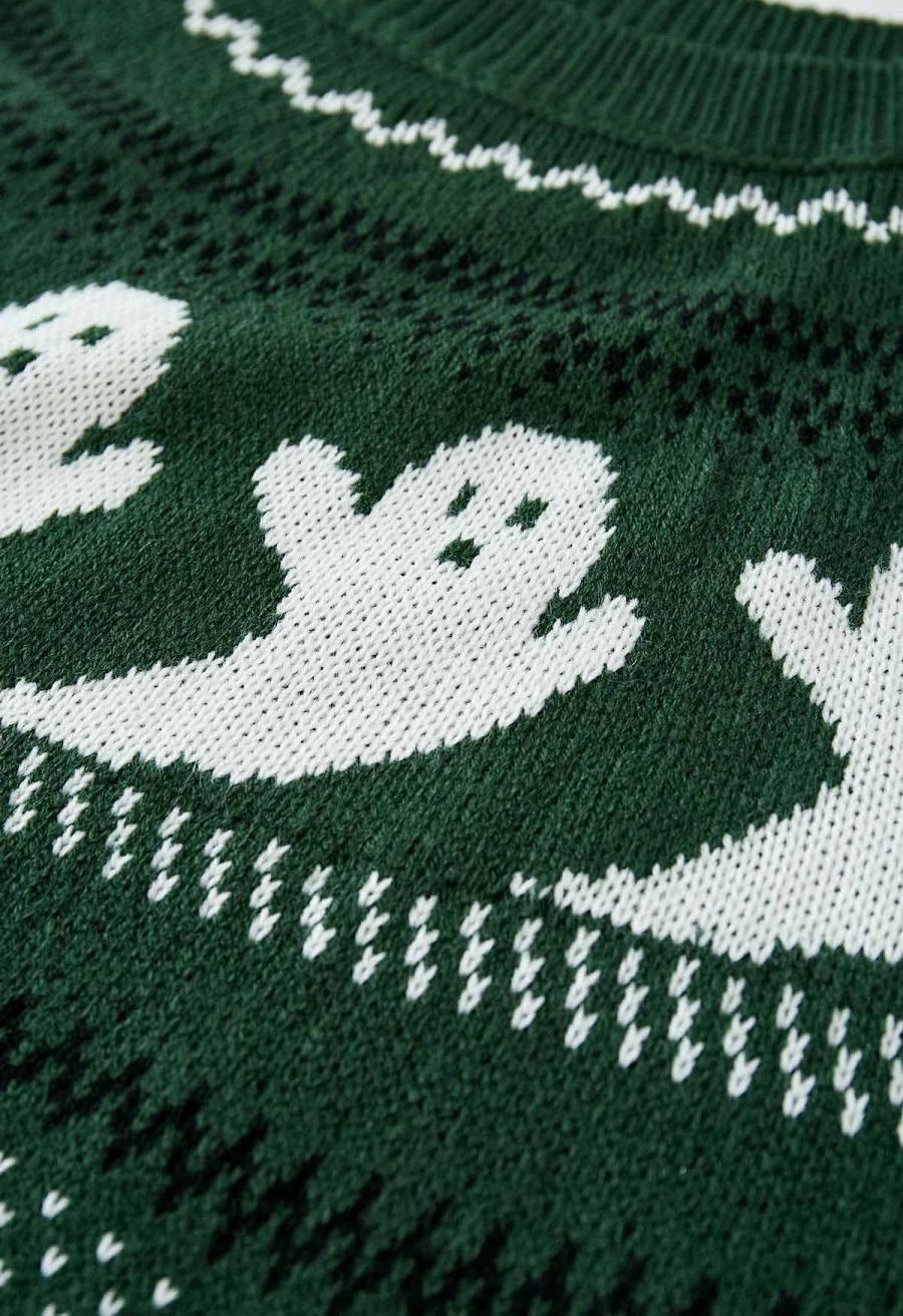 Cute Ghost Long Sleeves Knit Sweater in Army Green Halloween Costumes