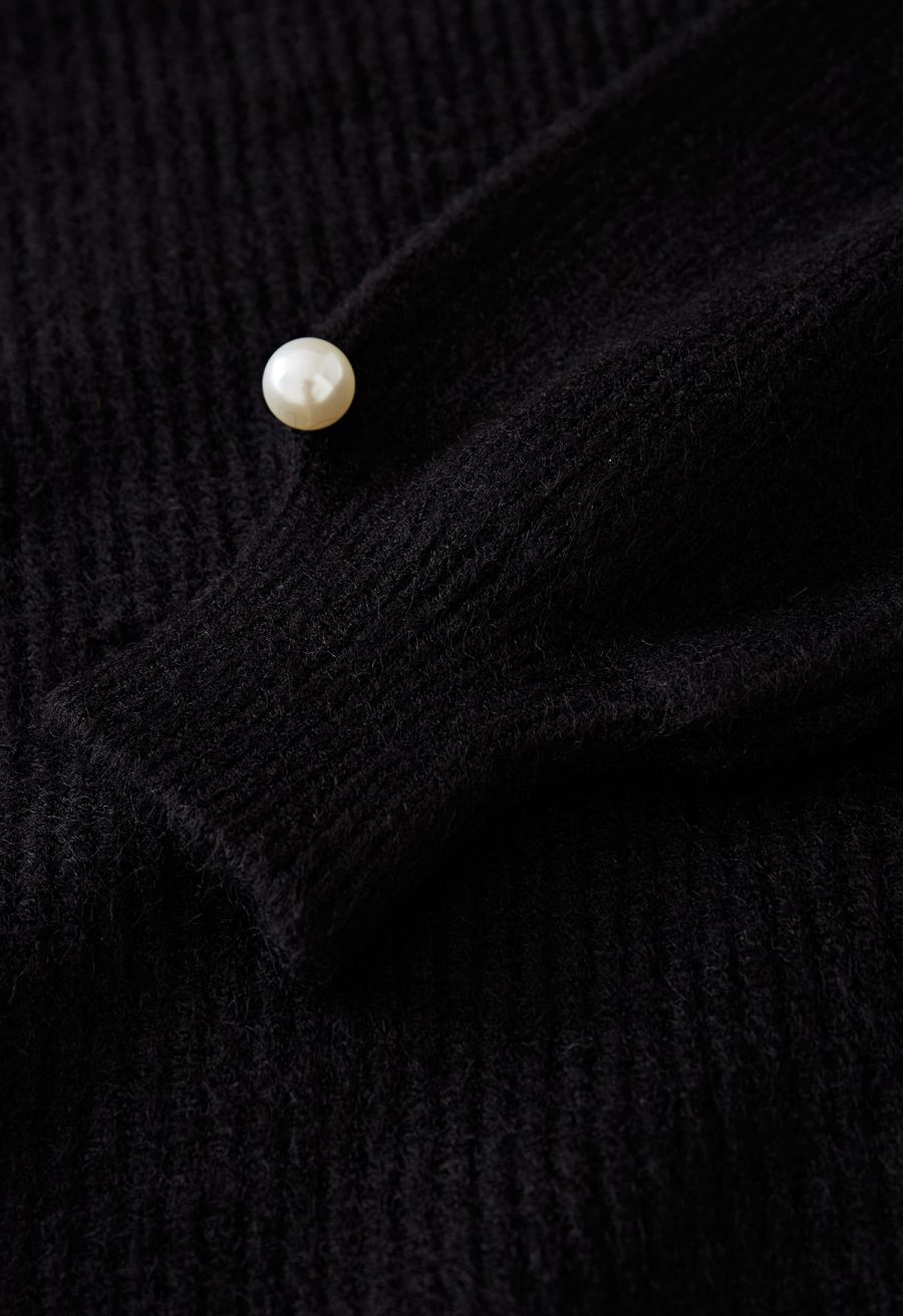 Pearl Decor Choker Neck Ribbed Knit Sweater in Black