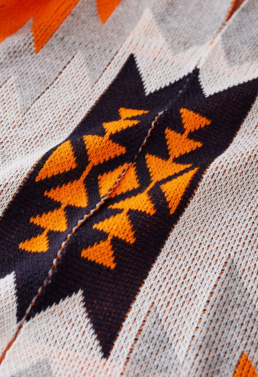 Retro Geometric Pattern Open Front Longline Knit Cardigan