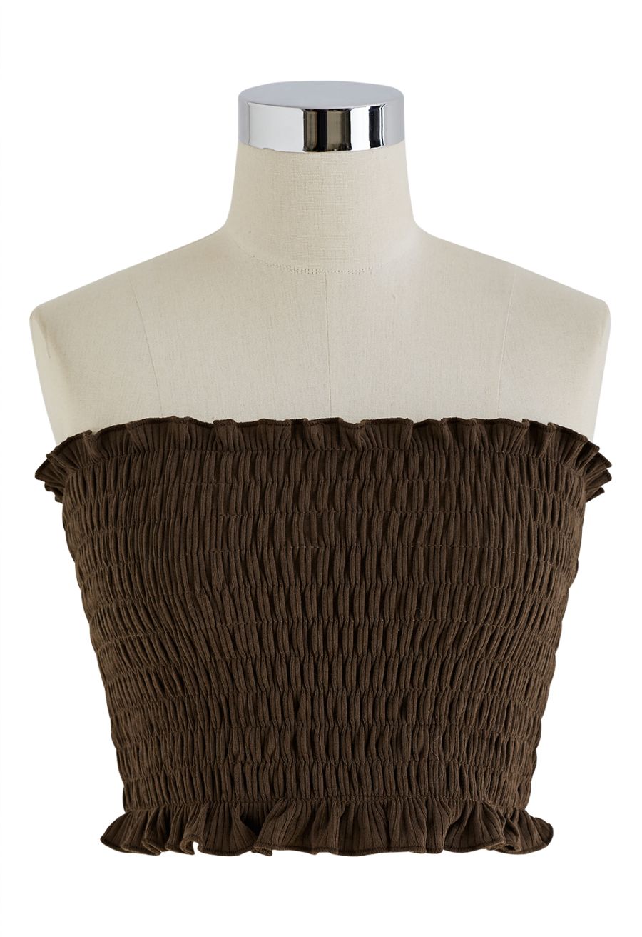Ruffle Shirred Tube Top and Cardigan Set in Brown