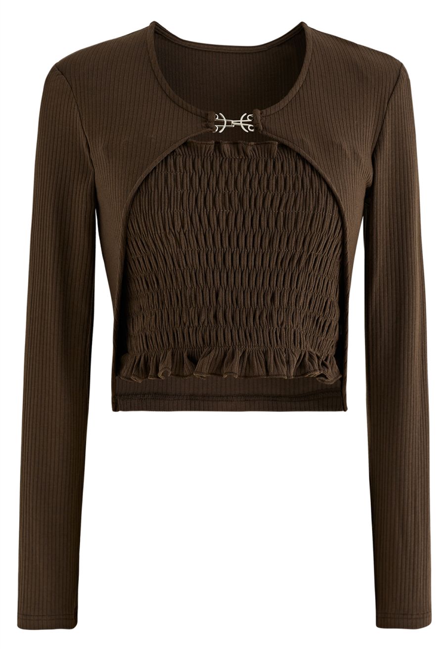 Ruffle Shirred Tube Top and Cardigan Set in Brown
