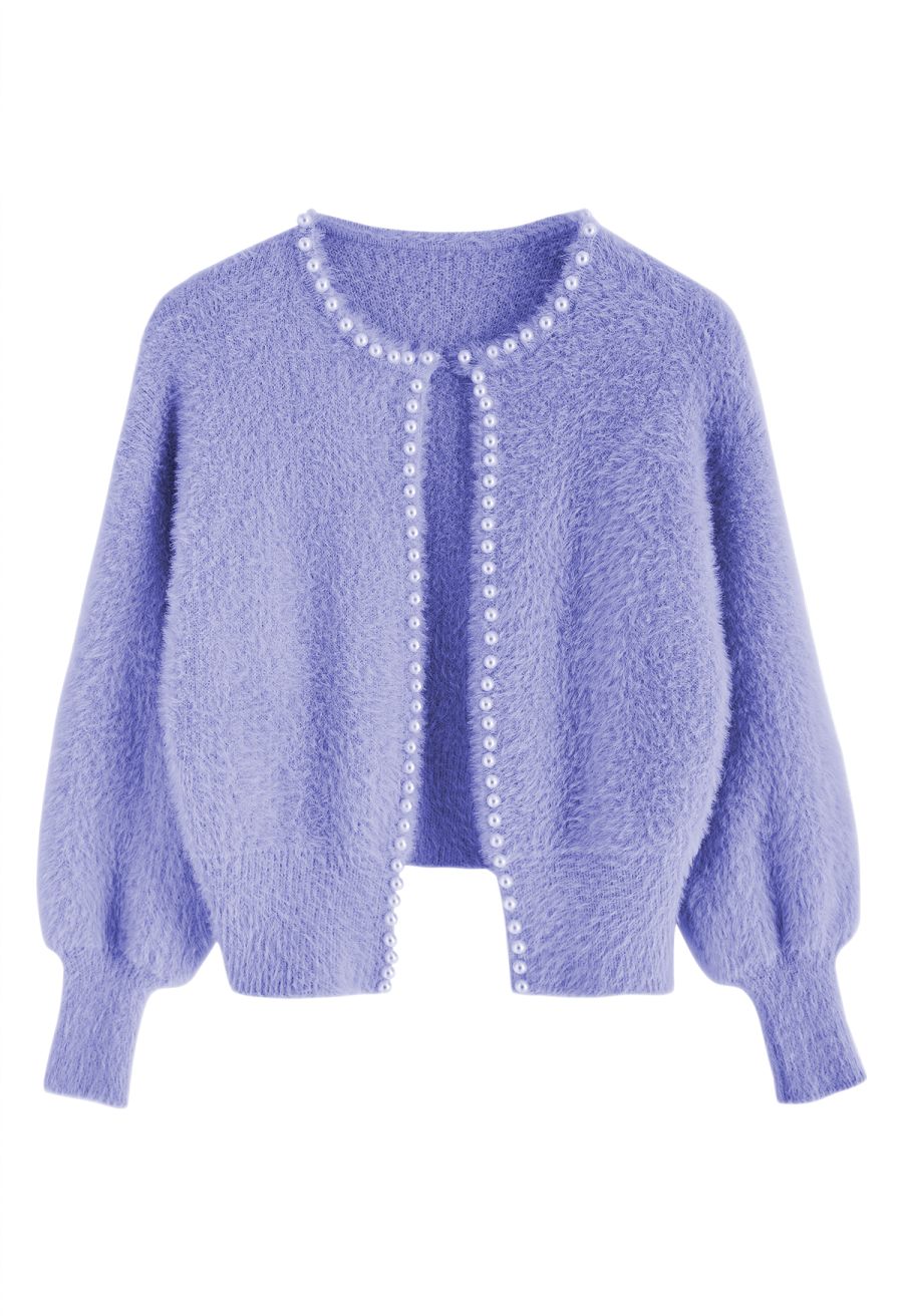 Open Front Pearly Fuzzy Knit Cardigan in Blue