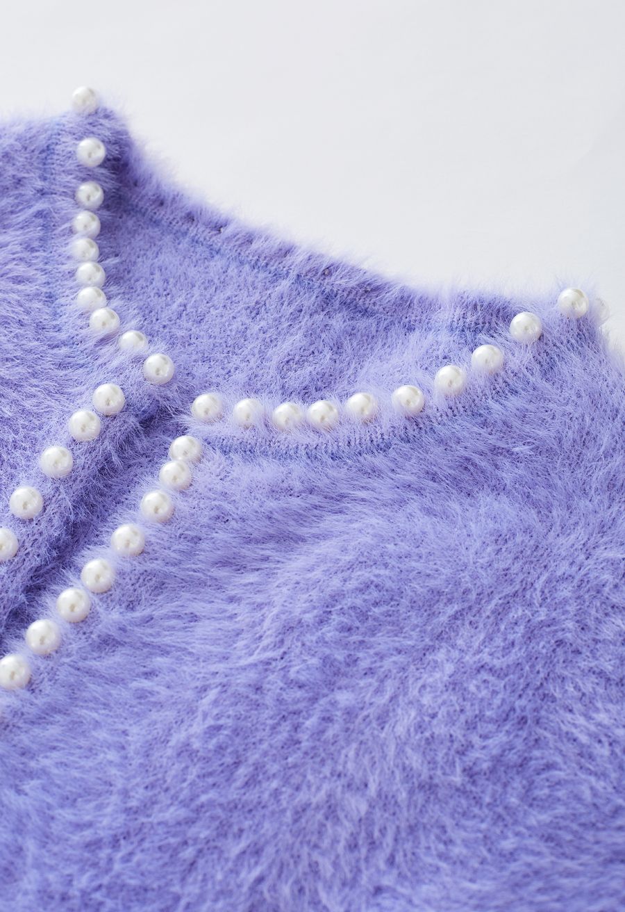 Open Front Pearly Fuzzy Knit Cardigan in Blue