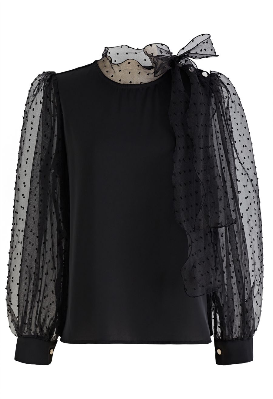 Flock Dots Organza Bubble Sleeve Bowknot Satin Shirt in Black