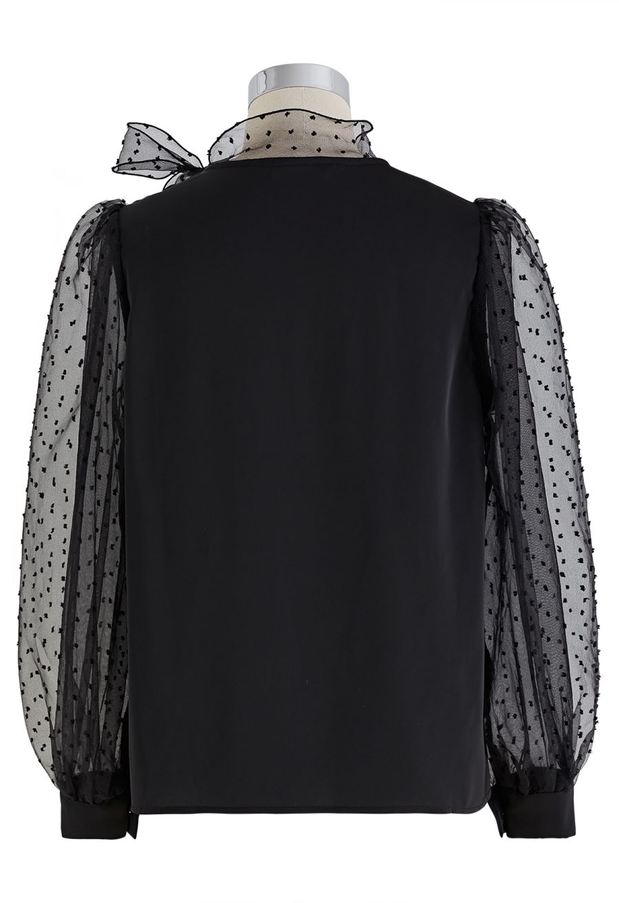 Flock Dots Organza Bubble Sleeve Bowknot Satin Shirt in Black