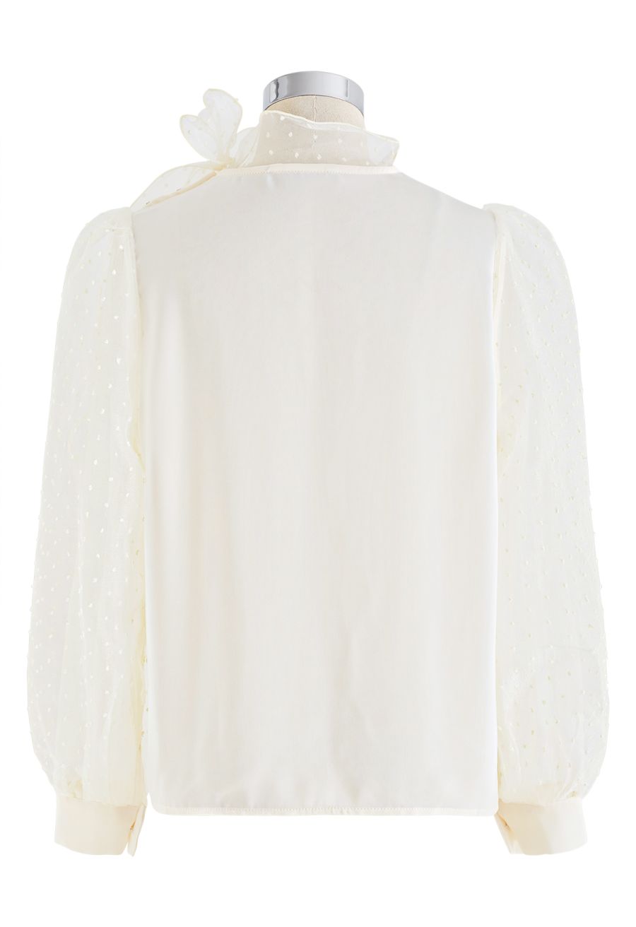 Flock Dots Organza Bubble Sleeve Bowknot Satin Shirt in Cream