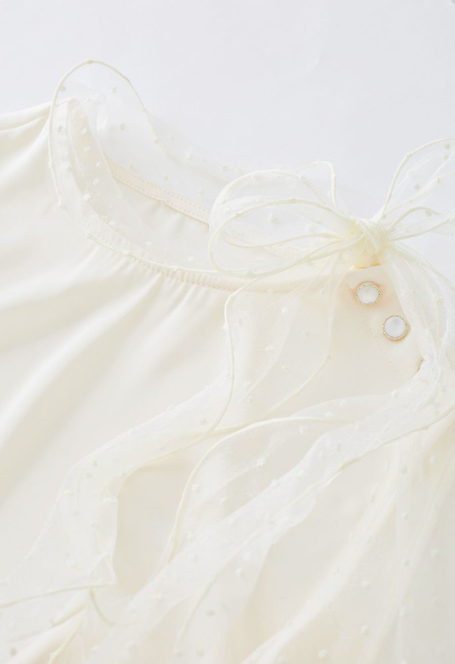 Flock Dots Organza Bubble Sleeve Bowknot Satin Shirt in Cream