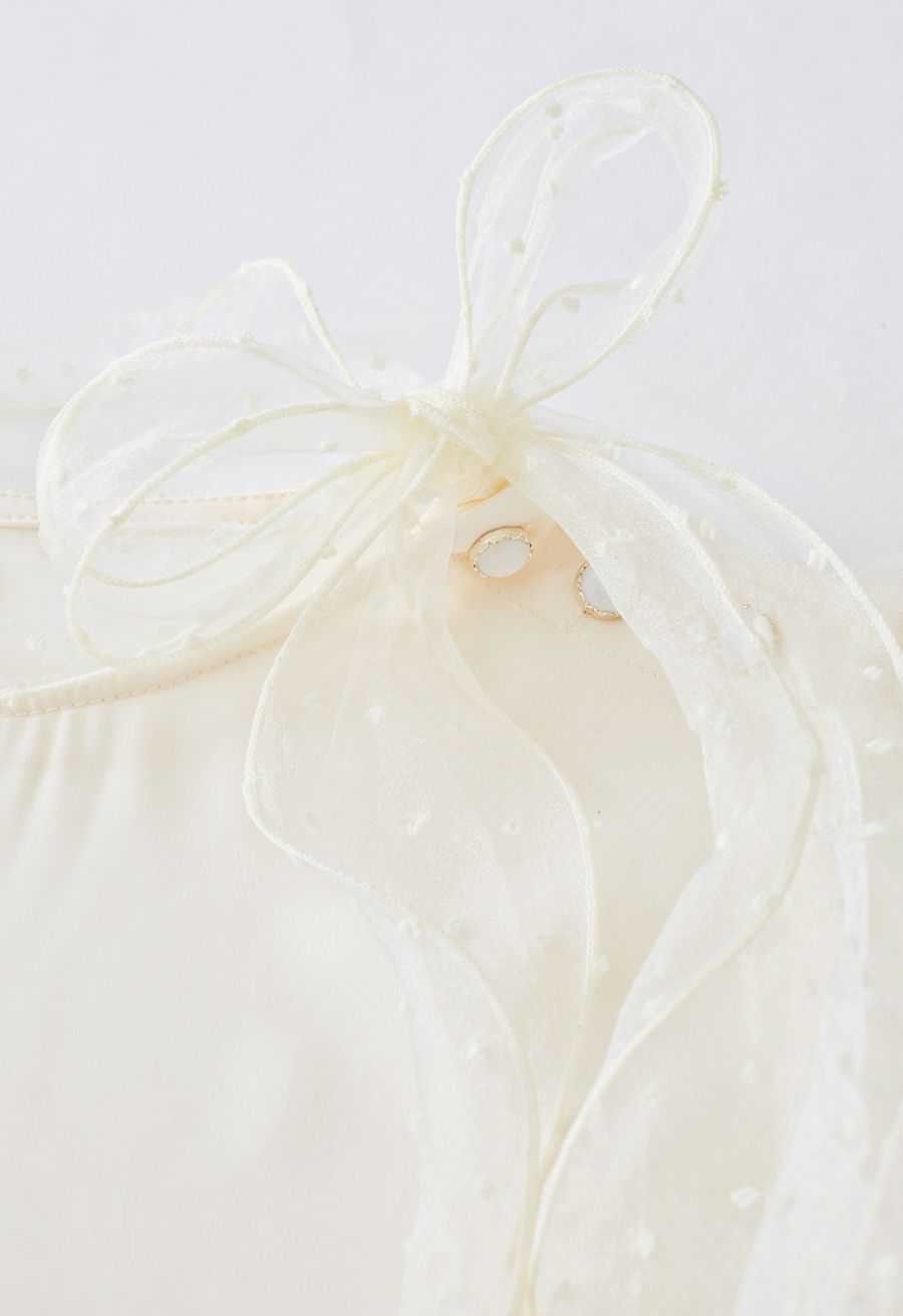 Flock Dots Organza Bubble Sleeve Bowknot Satin Shirt in Cream