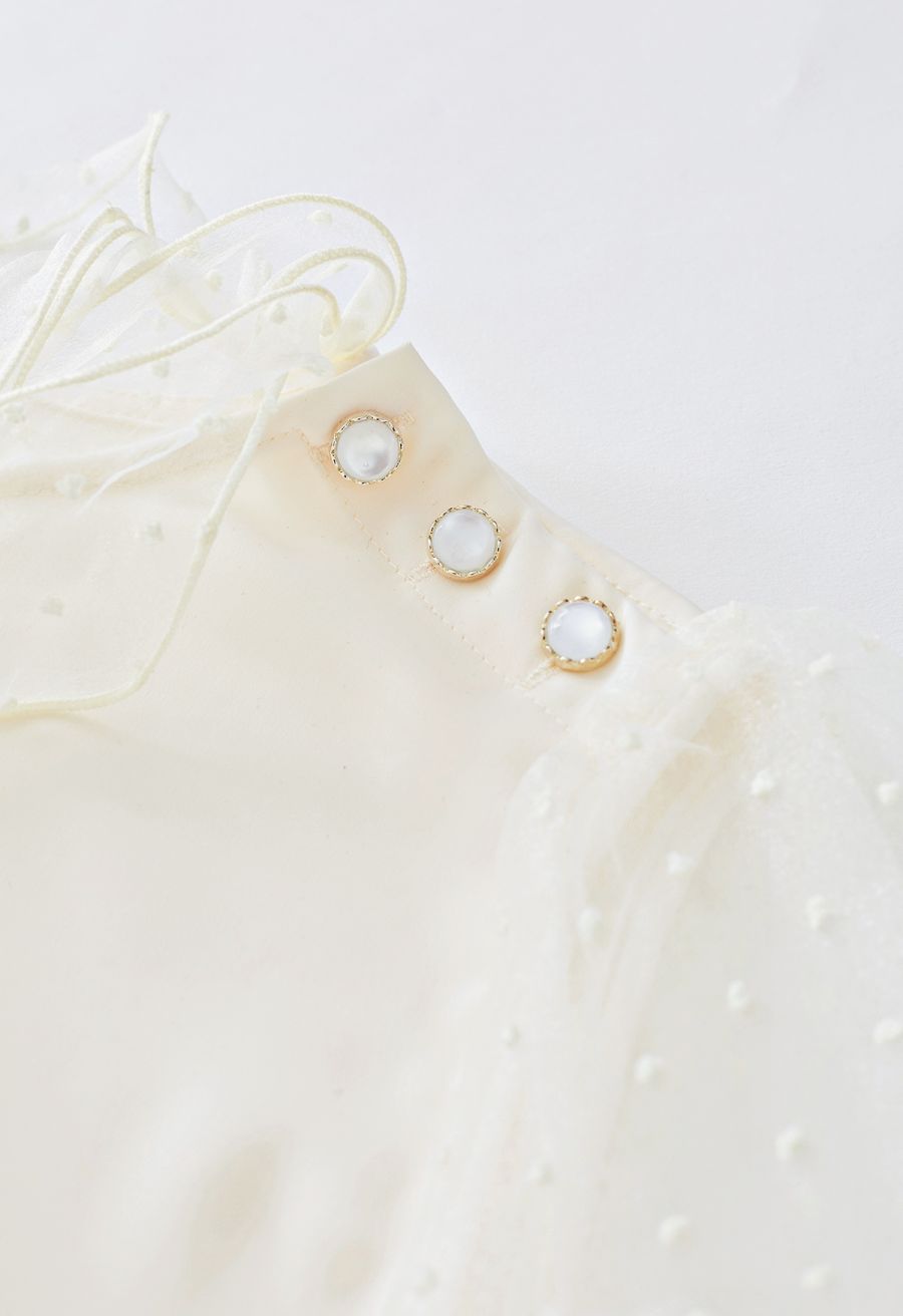 Flock Dots Organza Bubble Sleeve Bowknot Satin Shirt in Cream