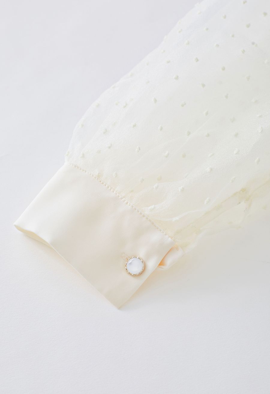 Flock Dots Organza Bubble Sleeve Bowknot Satin Shirt in Cream