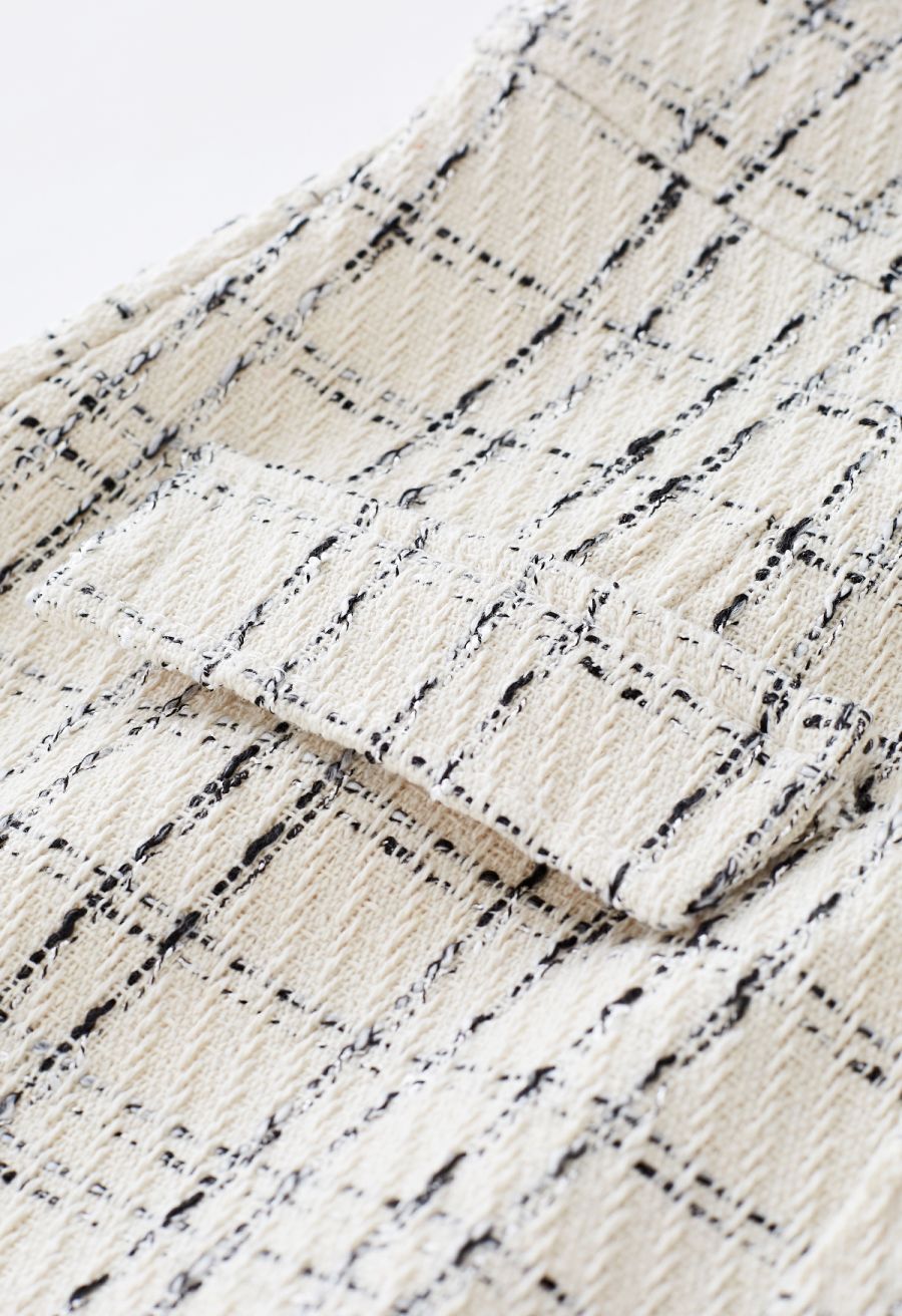 Grid Tweed Buttoned Flap Skorts in Ivory