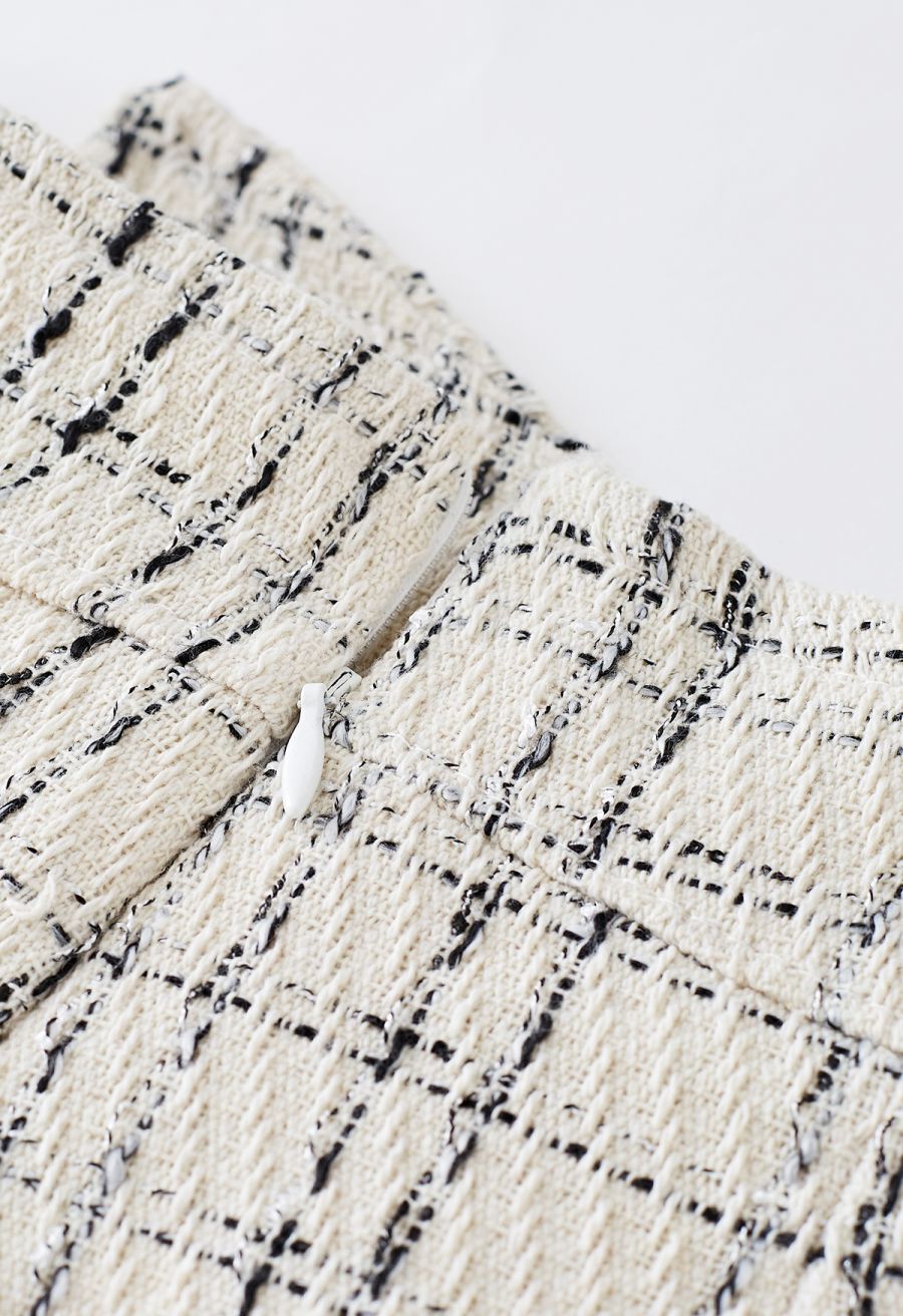 Grid Tweed Buttoned Flap Skorts in Ivory