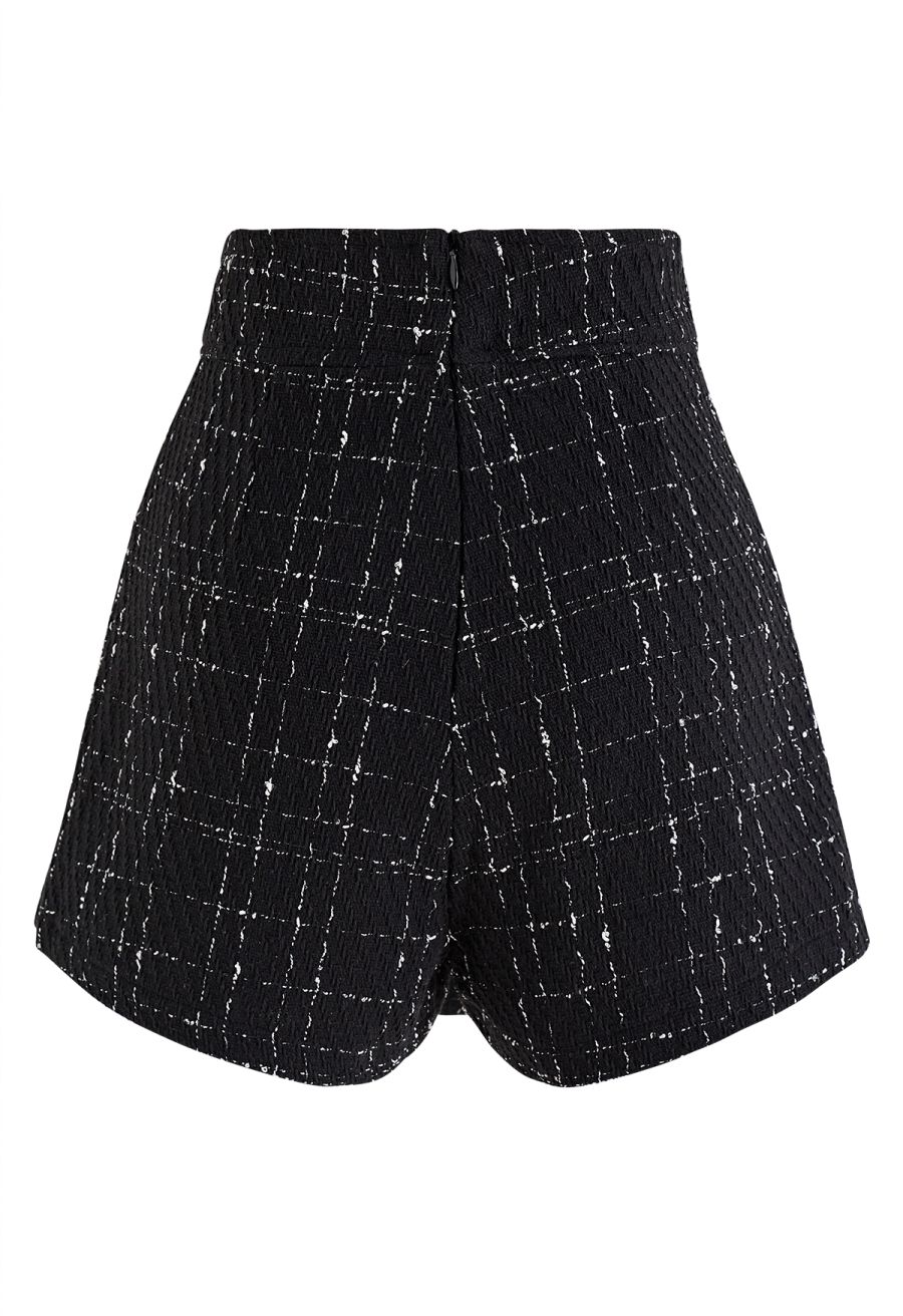 Grid Tweed Buttoned Flap Skorts in Black