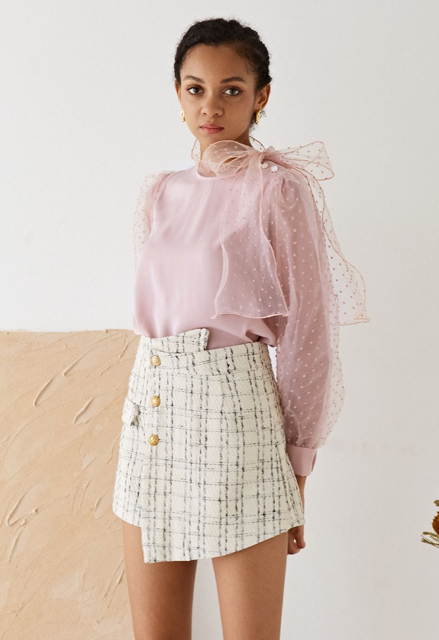 Grid Tweed Buttoned Flap Skorts in Ivory