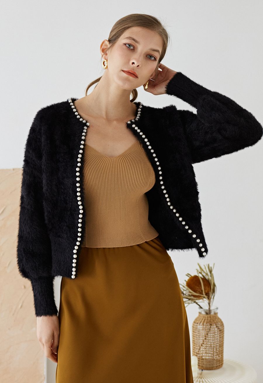 Open Front Pearly Fuzzy Knit Cardigan in Black