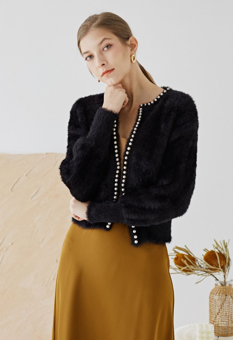 Open Front Pearly Fuzzy Knit Cardigan in Black
