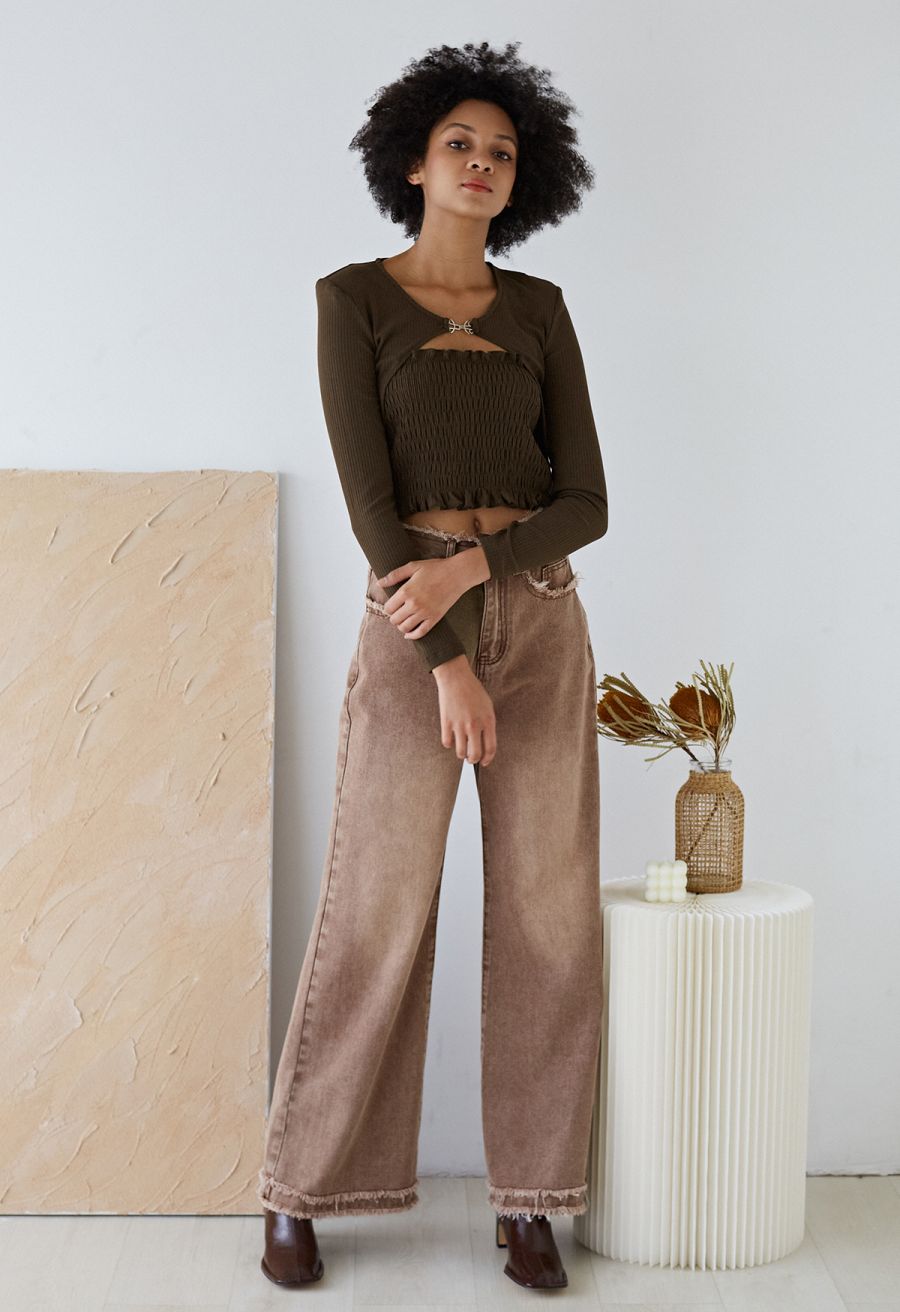 Ruffle Shirred Tube Top and Cardigan Set in Brown