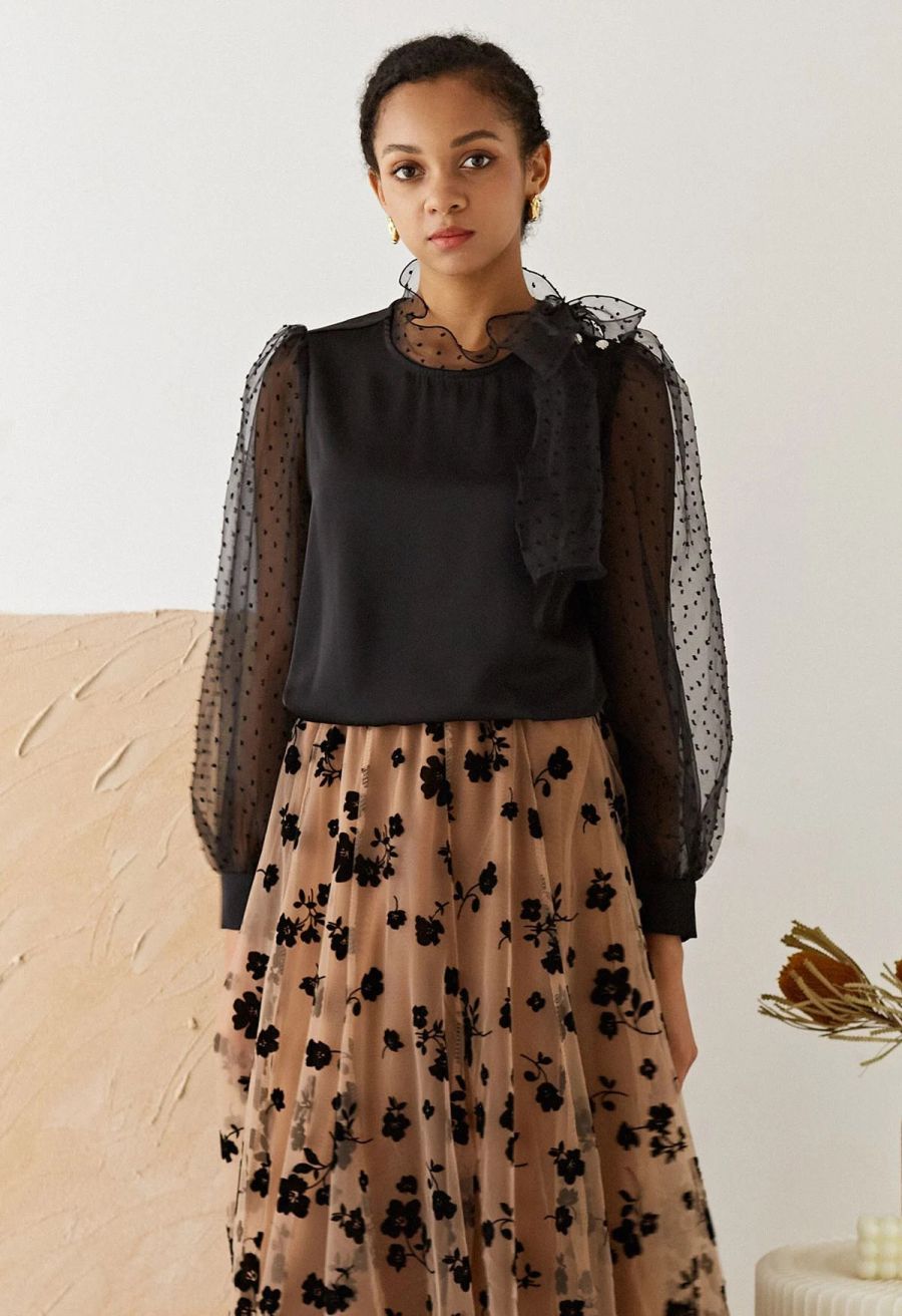 Flock Dots Organza Bubble Sleeve Bowknot Satin Shirt in Black