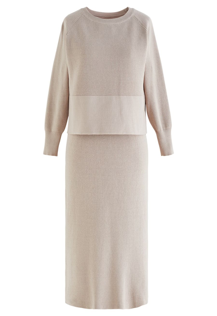 Comfy Ribbed Knit Top and Midi Skirt Set in Linen