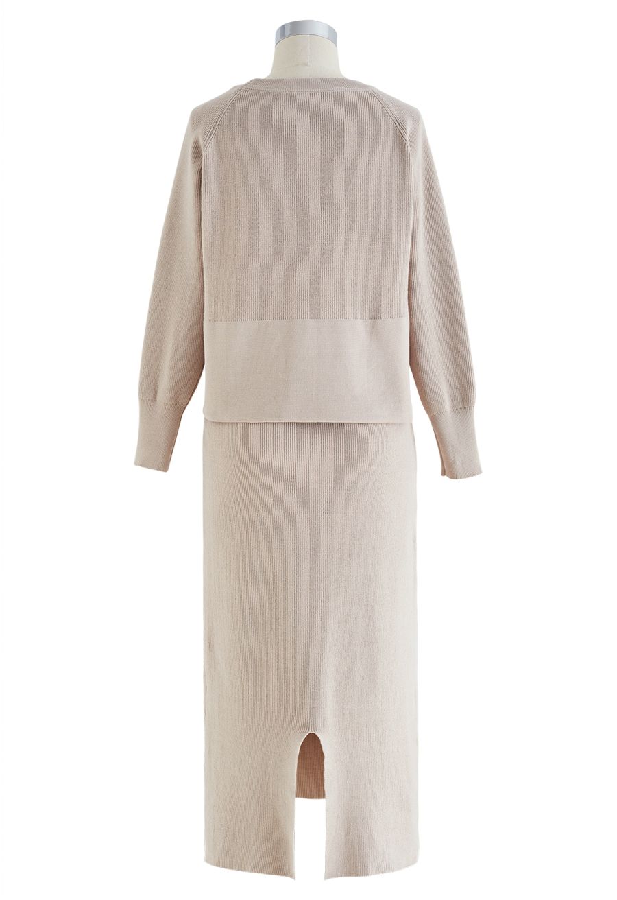 Comfy Ribbed Knit Top and Midi Skirt Set in Linen
