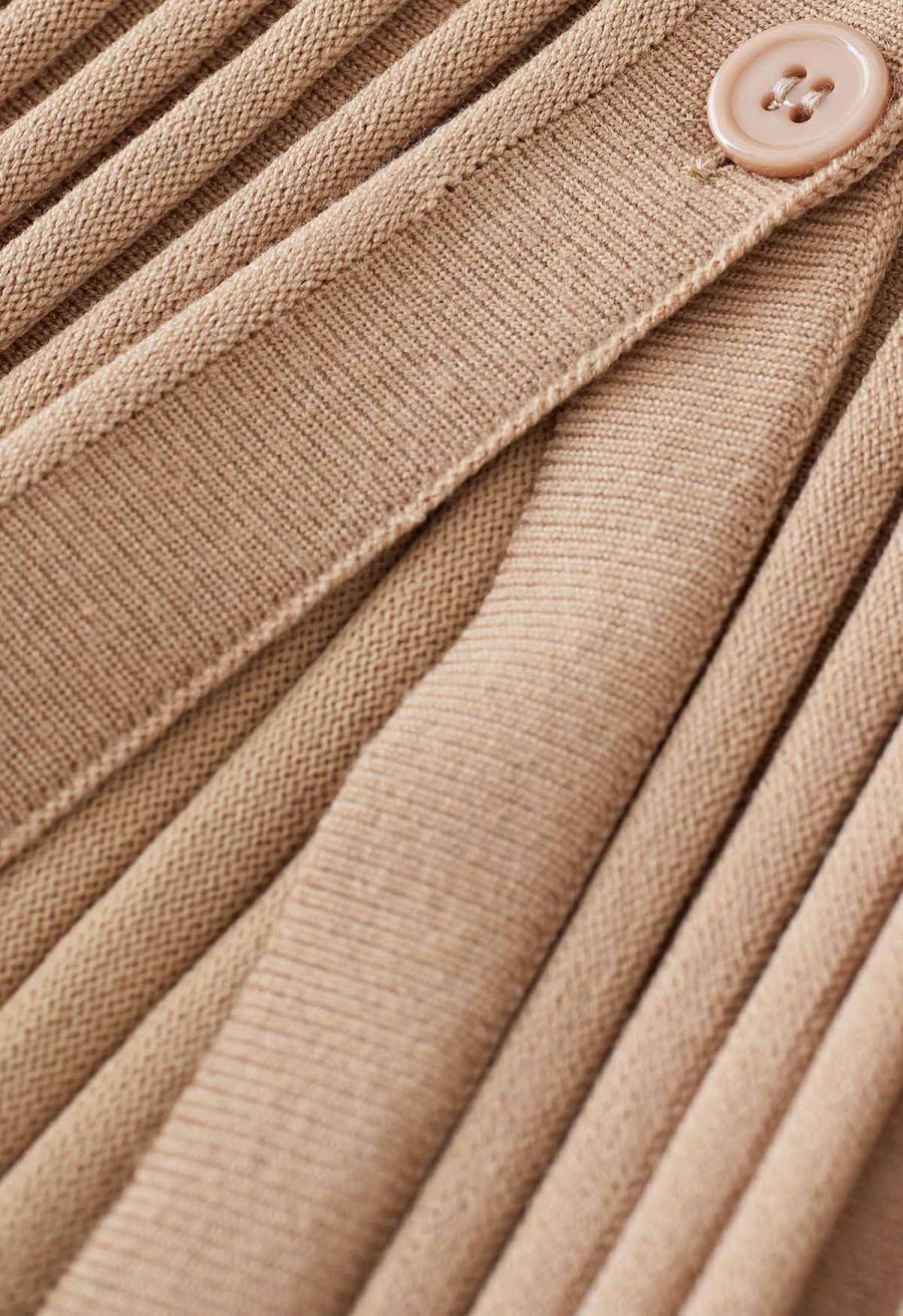 Knitted Crop Top and Buttoned Slit Skirt Set in Apricot