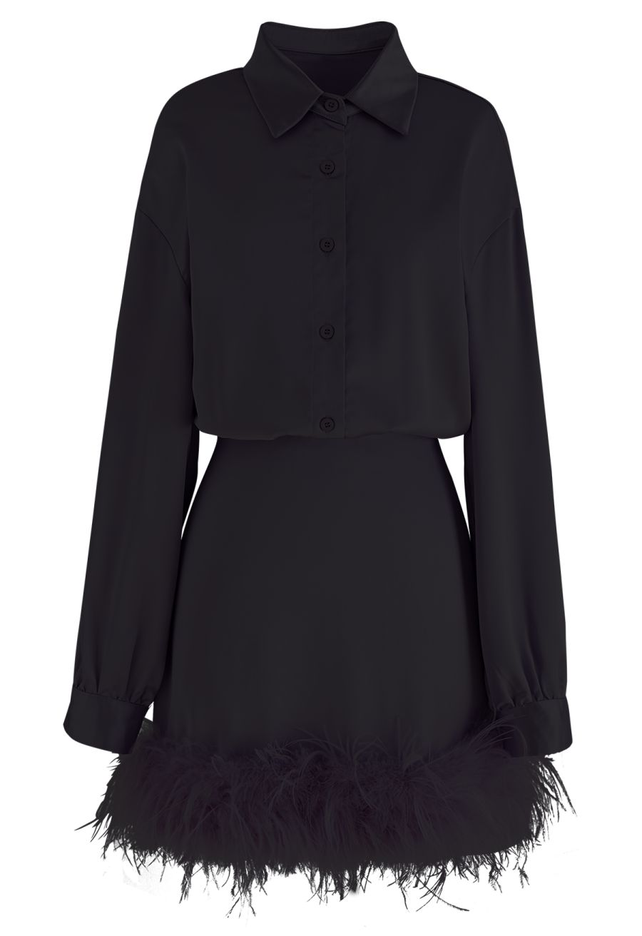 Fringe Hem Satin Long Sleeve Dress in Black