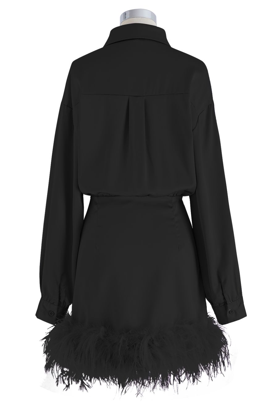 Fringe Hem Satin Long Sleeve Dress in Black