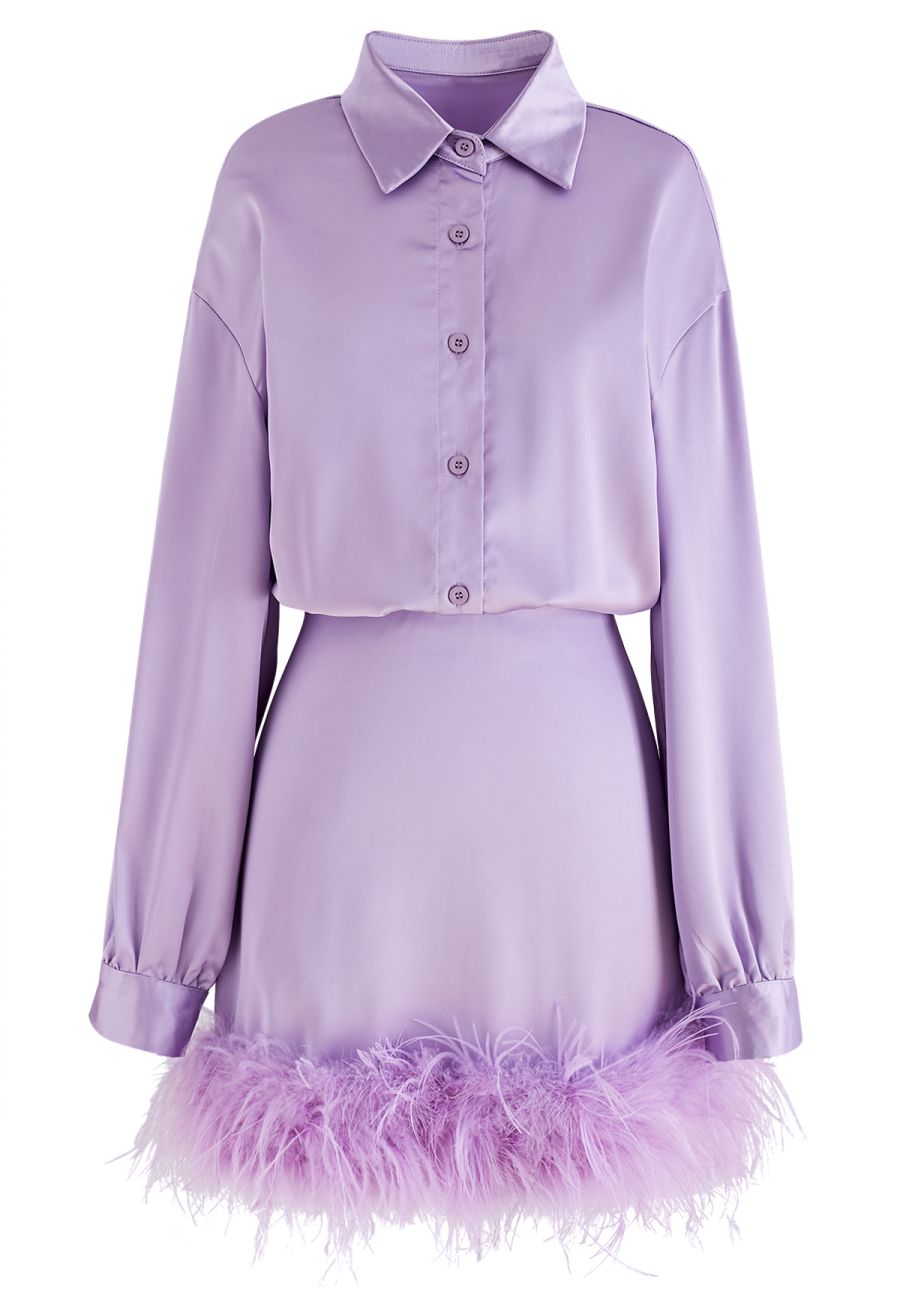 Fringe Hem Satin Long Sleeve Dress in Purple