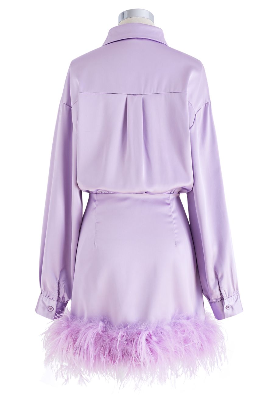 Fringe Hem Satin Long Sleeve Dress in Purple