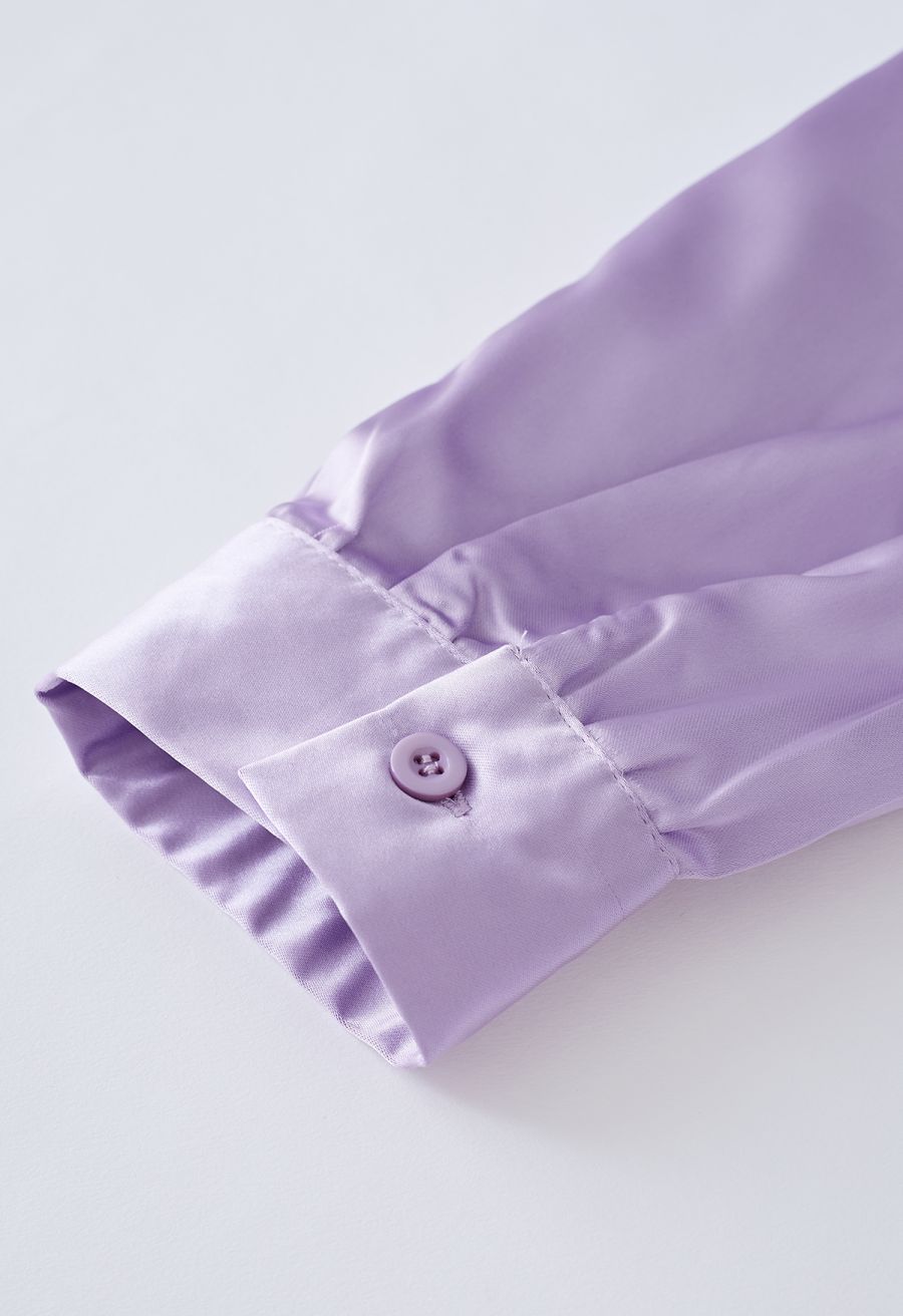Fringe Hem Satin Long Sleeve Dress in Purple