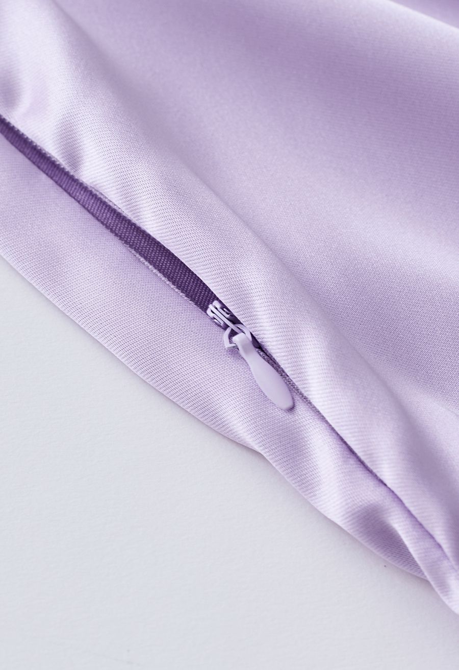 Fringe Hem Satin Long Sleeve Dress in Purple