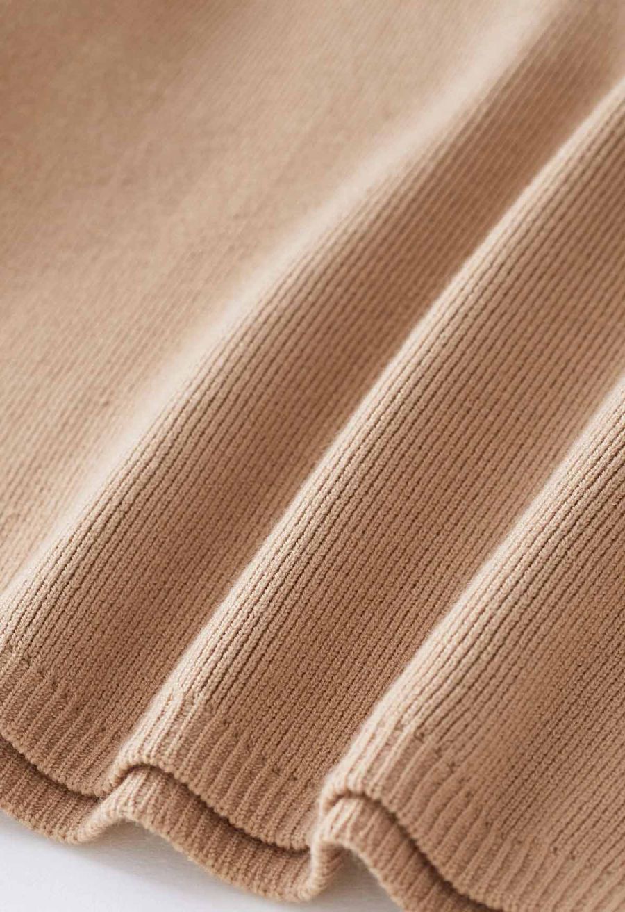 Knitted Crop Top and Buttoned Slit Skirt Set in Apricot