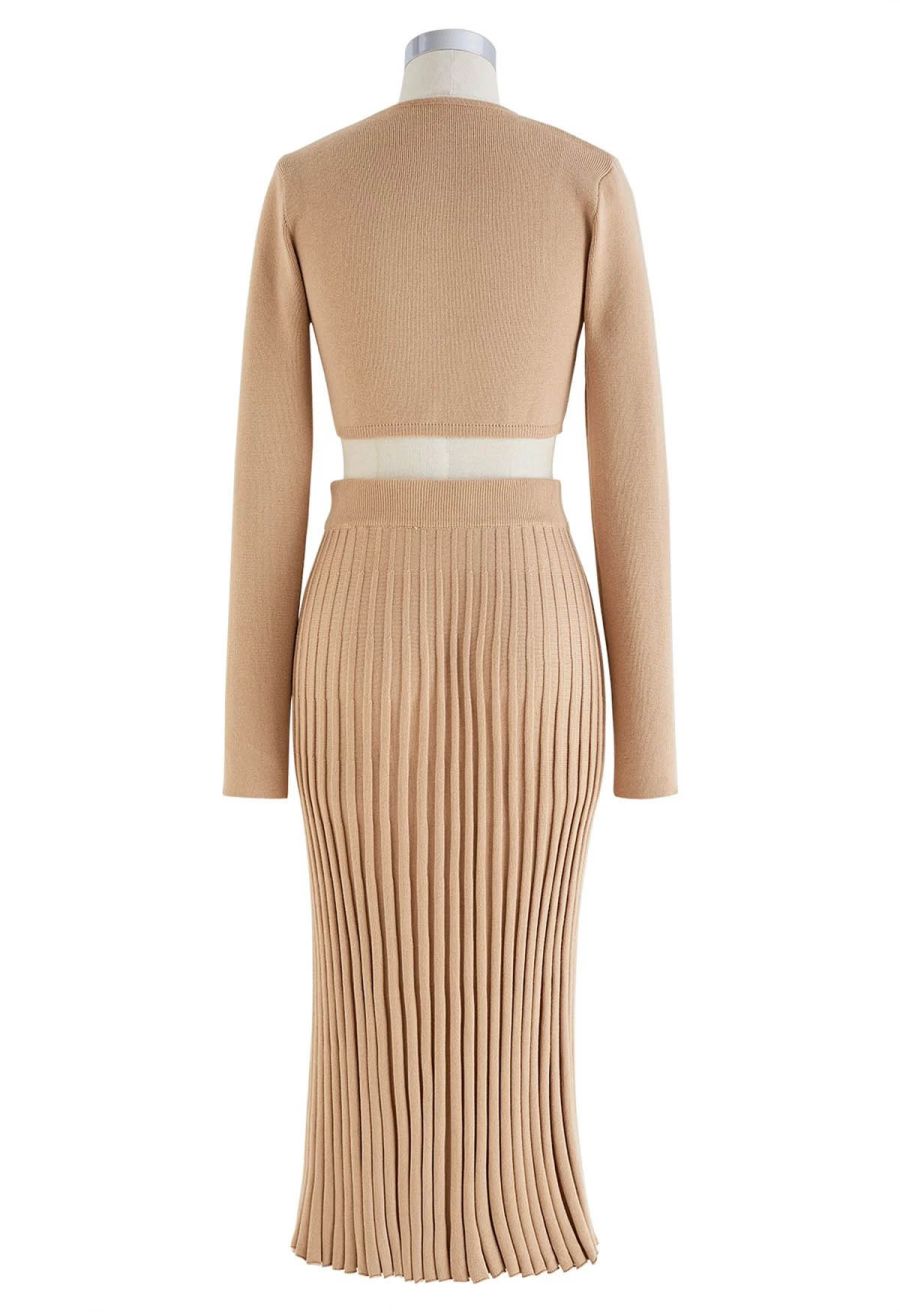 Knitted Crop Top and Buttoned Slit Skirt Set in Apricot