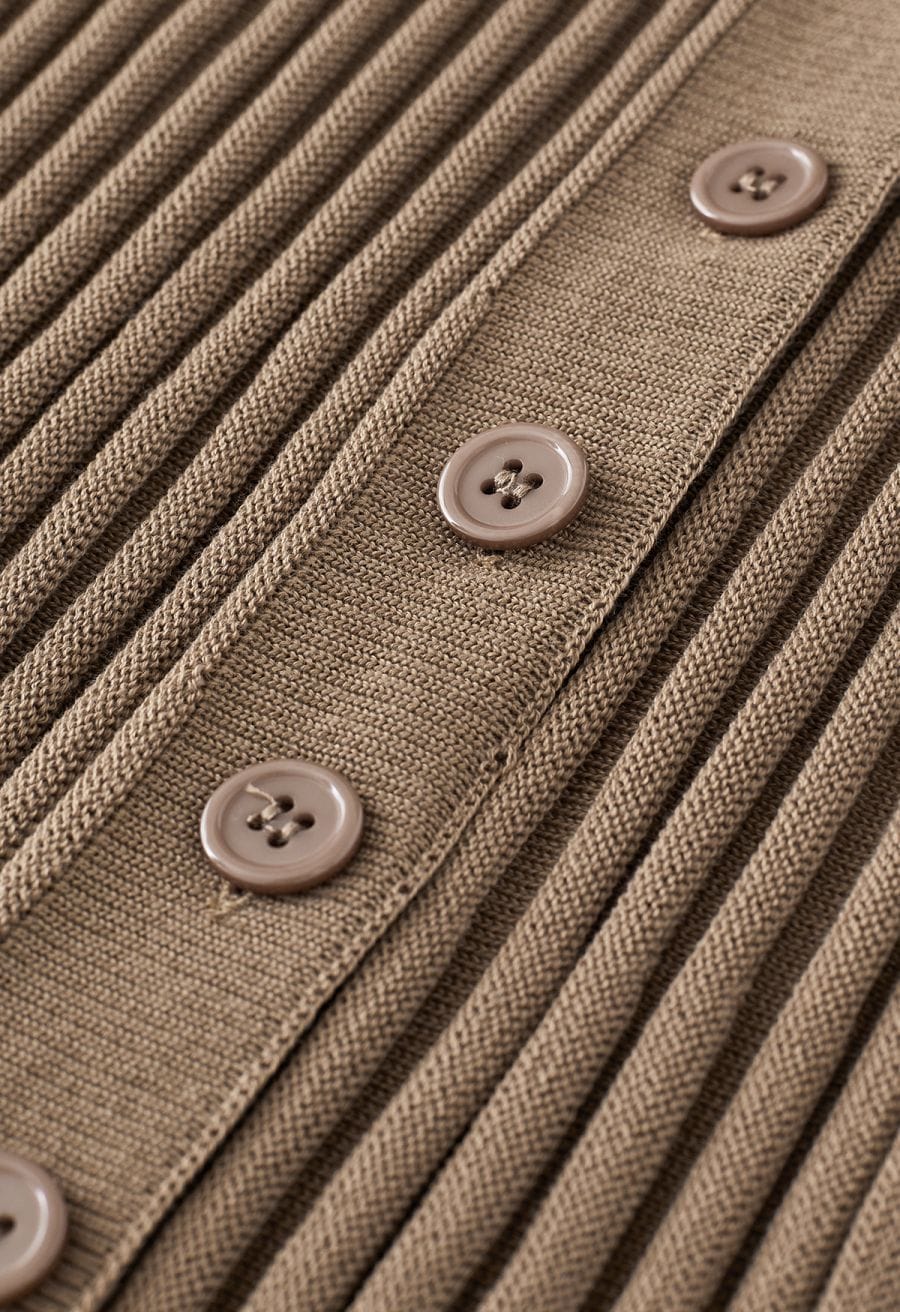 Buttoned Front Slit Rib Knit Skirt in Tan