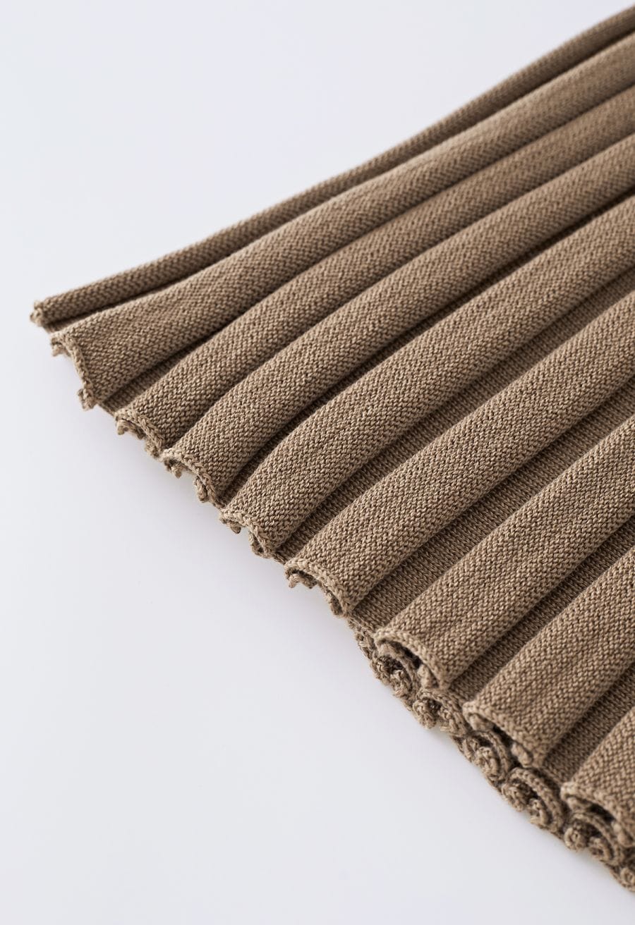 Buttoned Front Slit Rib Knit Skirt in Tan