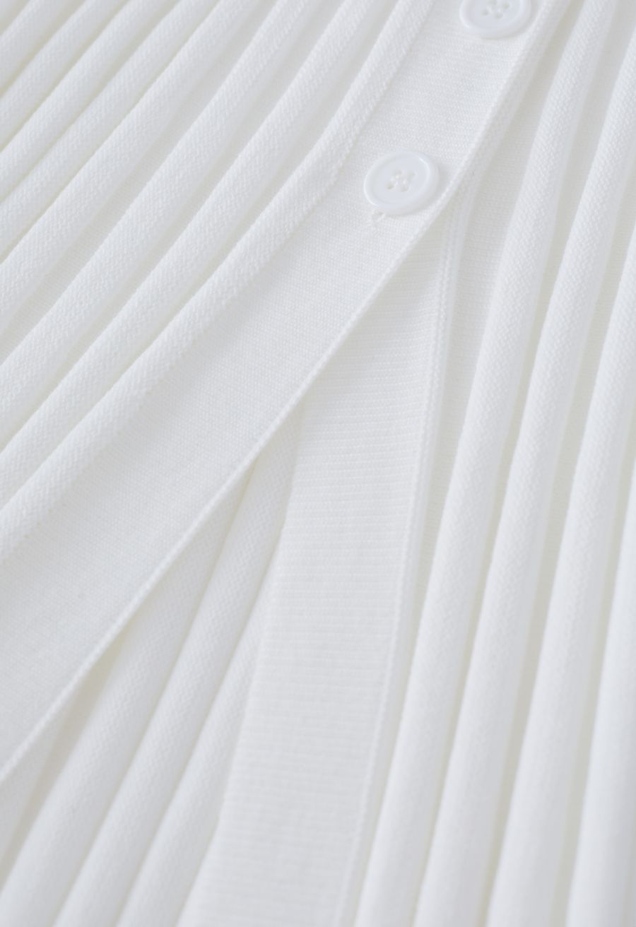 Buttoned Front Slit Rib Knit Skirt in White