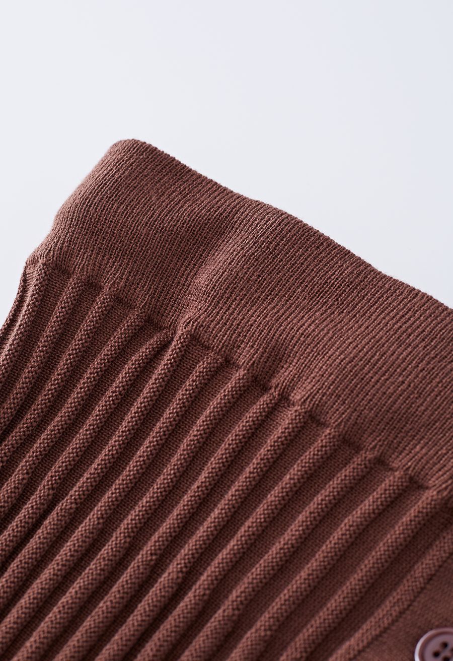 Buttoned Front Slit Rib Knit Skirt in Brown