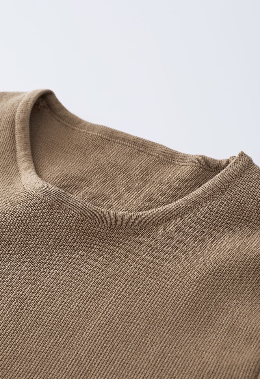 Self-Tie Bowknot Knit Crop Top in Tan