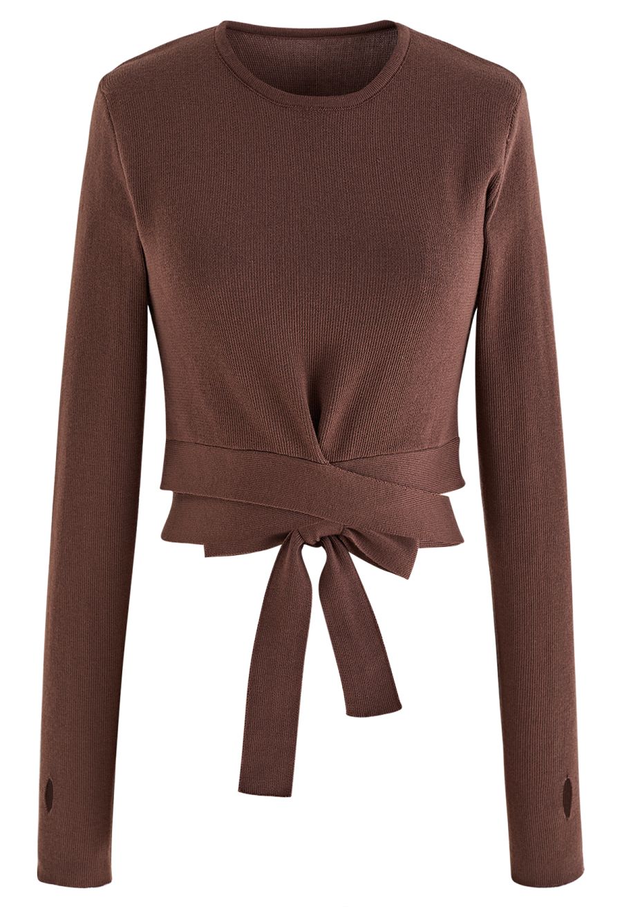Self-Tie Bowknot Knit Crop Top in Brown