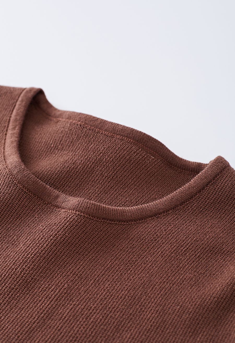 Self-Tie Bowknot Knit Crop Top in Brown