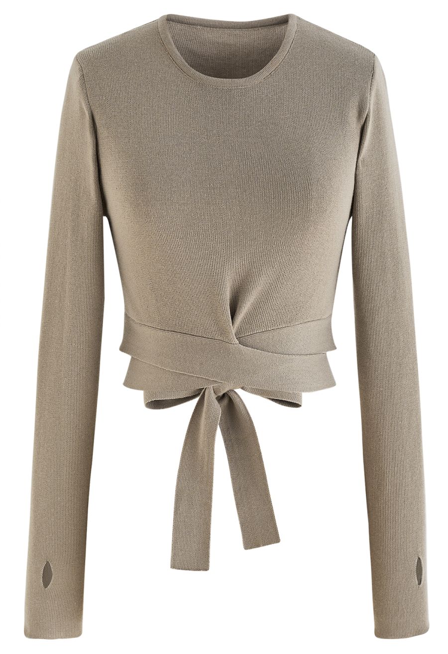 Self-Tie Bowknot Knit Crop Top in Taupe