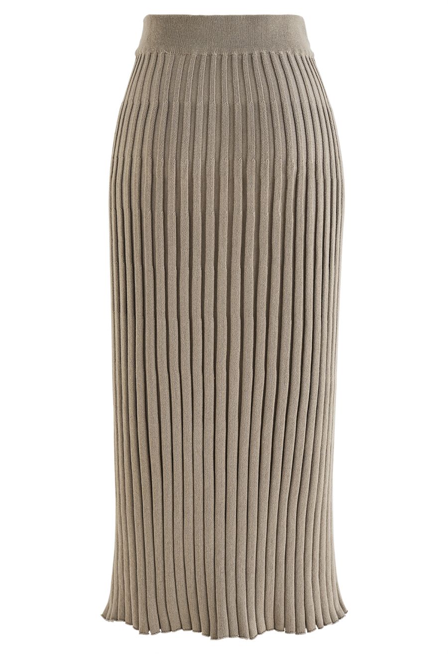 Buttoned Front Slit Rib Knit Skirt in Taupe
