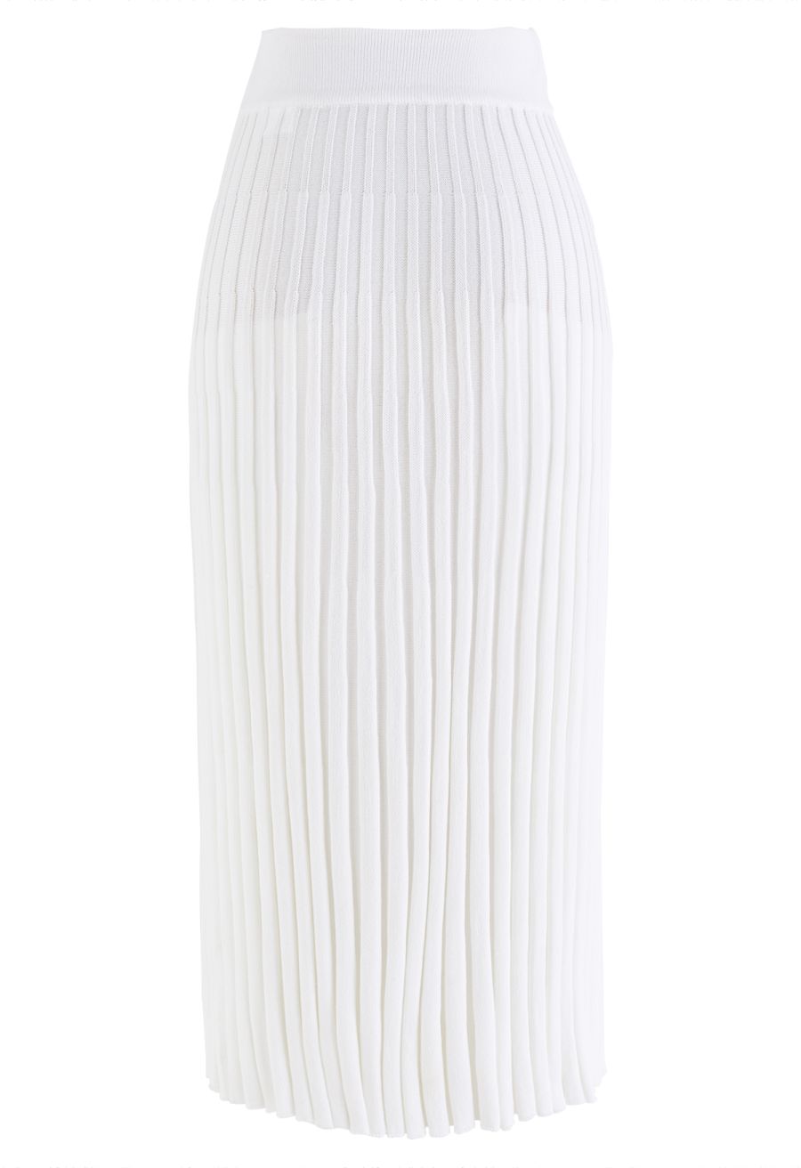 Buttoned Front Slit Rib Knit Skirt in White