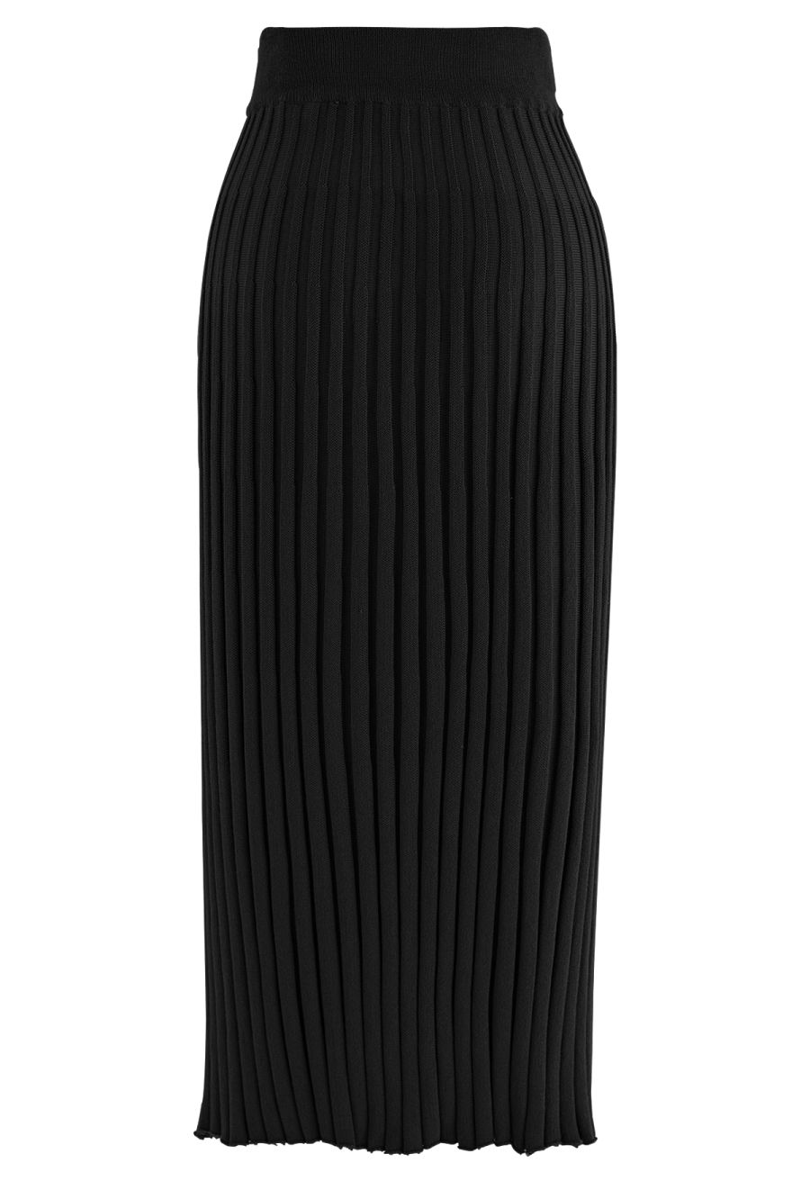 Buttoned Front Slit Rib Knit Skirt in Black
