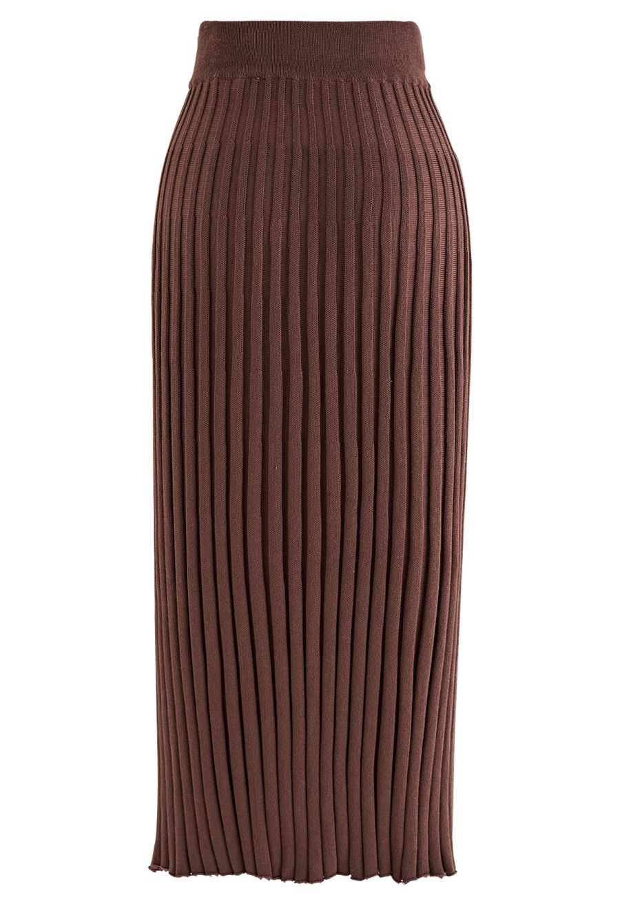 Buttoned Front Slit Rib Knit Skirt in Brown