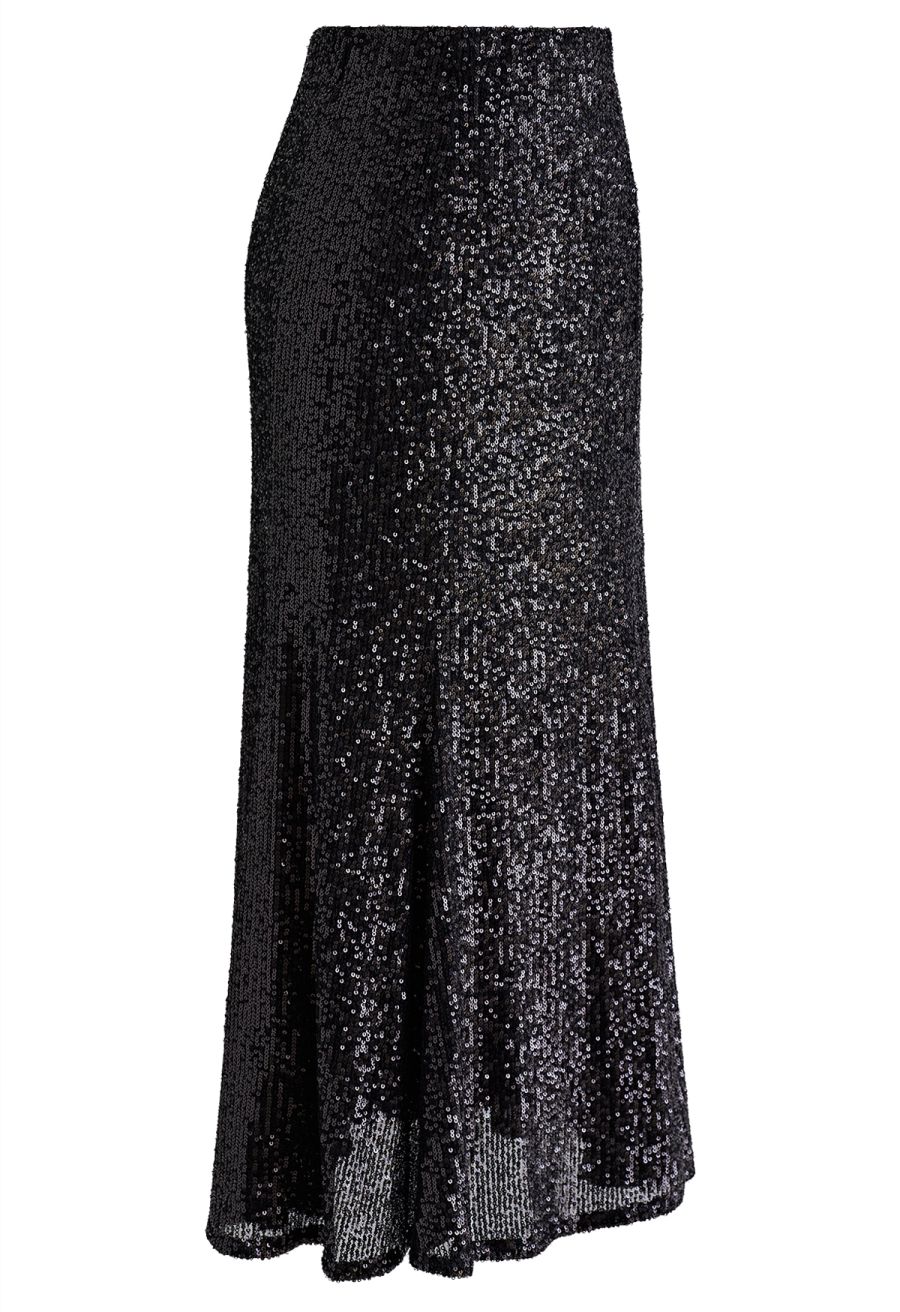Glitter Sequins Trim Mermaid Midi Skirt in Black