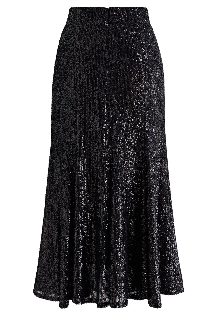 Glitter Sequins Trim Mermaid Midi Skirt in Black