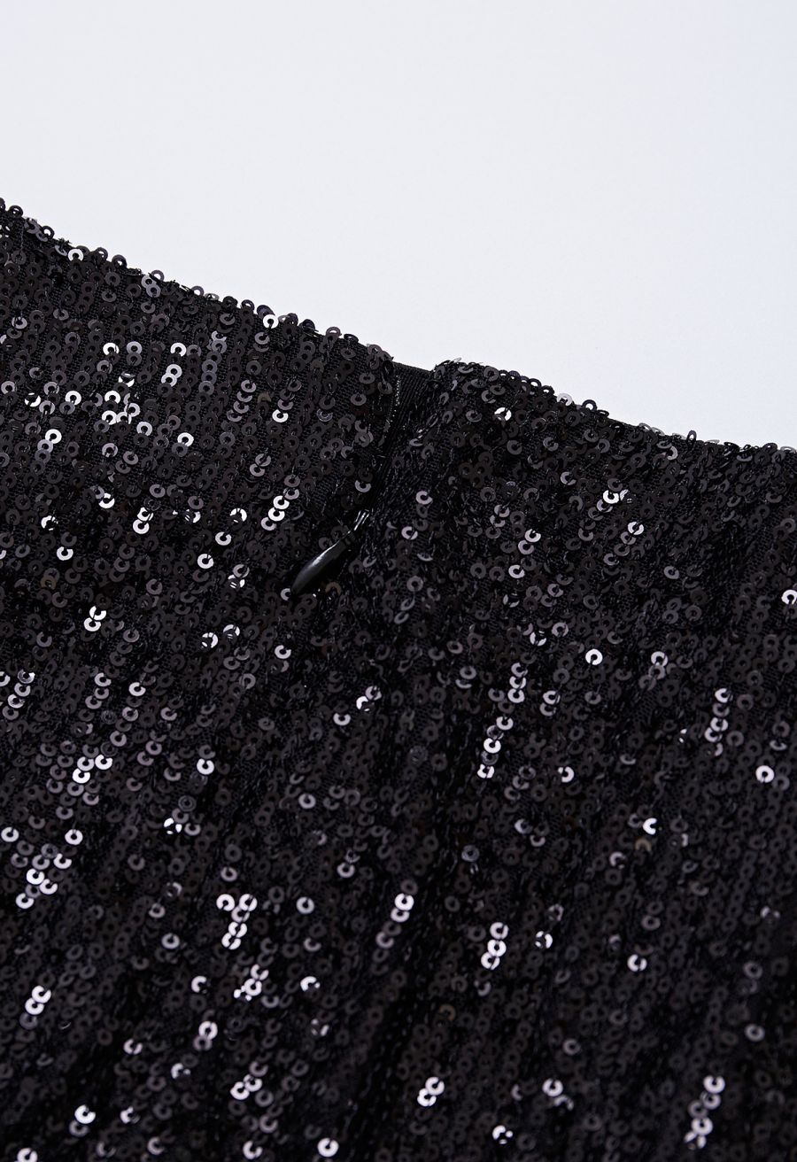 Glitter Sequins Trim Mermaid Midi Skirt in Black