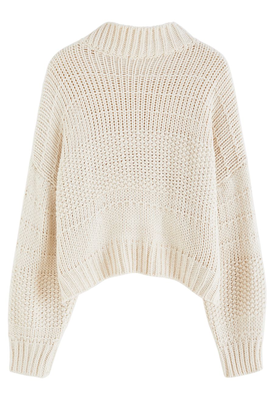 Mock Neck Hi-Lo Chunky Knit Sweater in Ivory