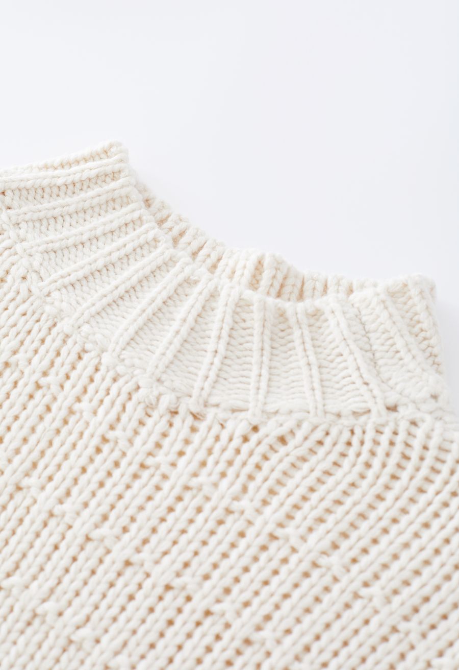 Mock Neck Hi-Lo Chunky Knit Sweater in Ivory